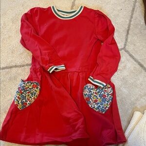Mini Boden Red Dress with Floral Heart Pockets